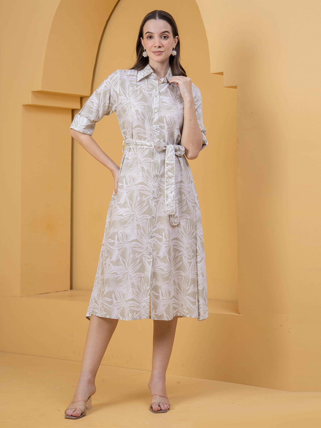 OH MI DIOS Women Leaf Printed Roll-Up Sleeves Shirt Midi Dress