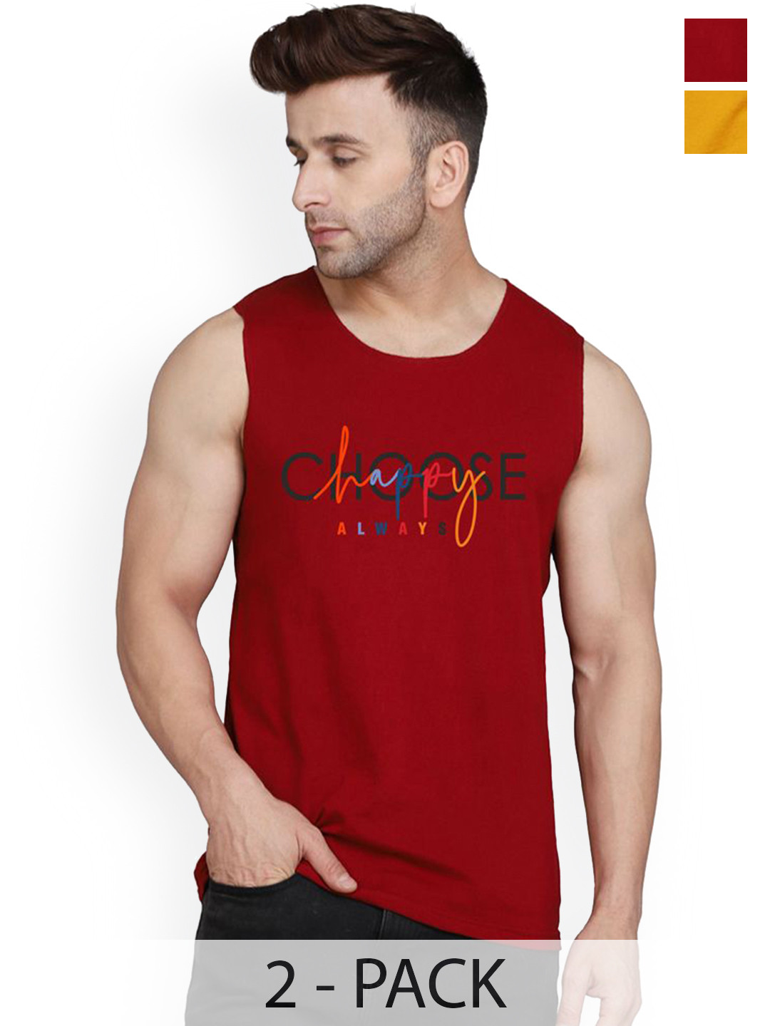 SLOWLORIS Pack Of 2 Printed Gym Vests VSL26 CMB(CHS MAROON)(ZOZO MUSTARD)