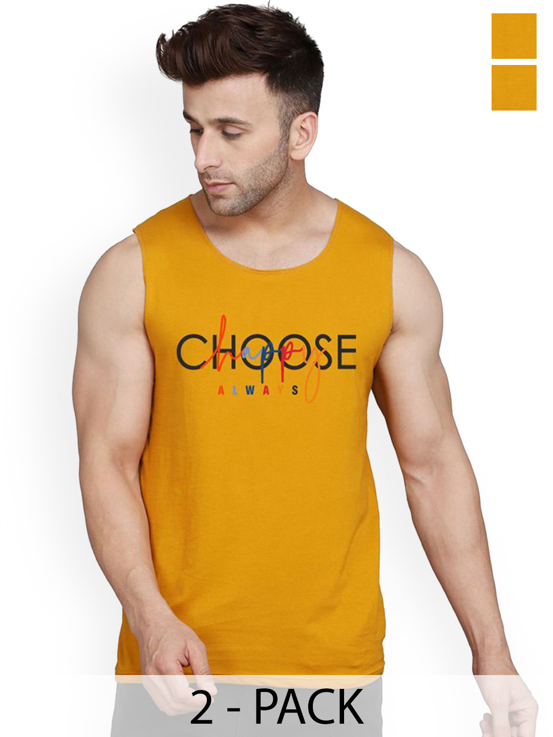 SLOWLORIS Pack of 2 Printed Combed Cotton Vest VSL26 CMB(CHS MUSTARD)(LOOK MUSTARD)