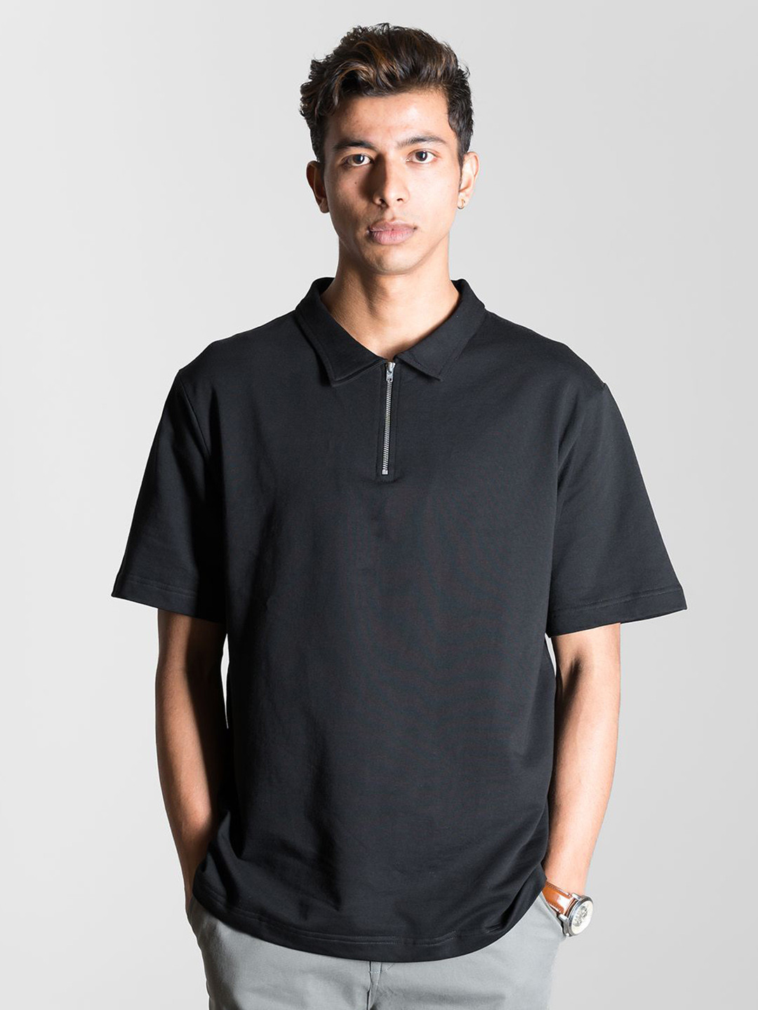 Desi Minimals Polo Collar Heavy Relaxed Fit Half Zip Pure Cotton T-shirt