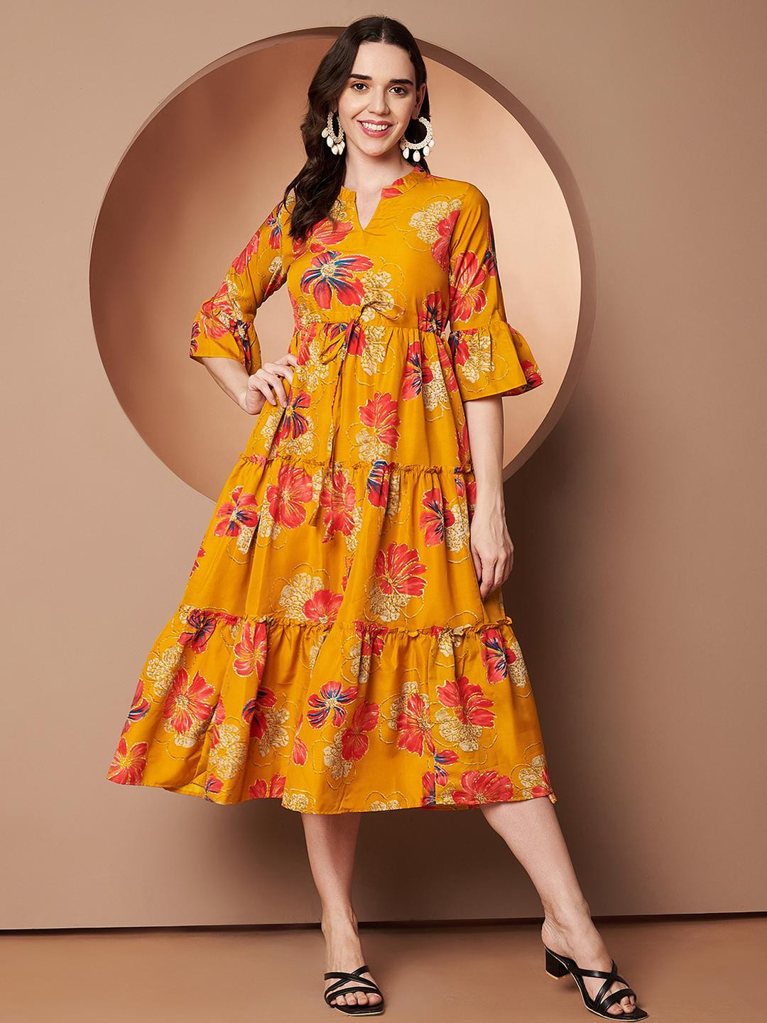 LookShine Floral Print Bell Sleeve Applique A-Line Midi Dress