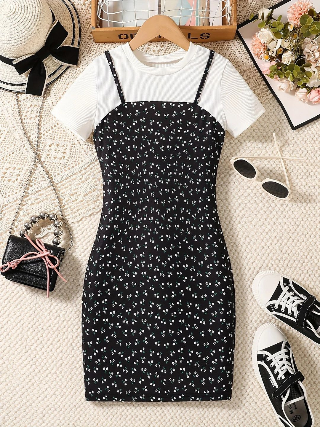 White World Girls Floral Printed Pinafore Mini Dress