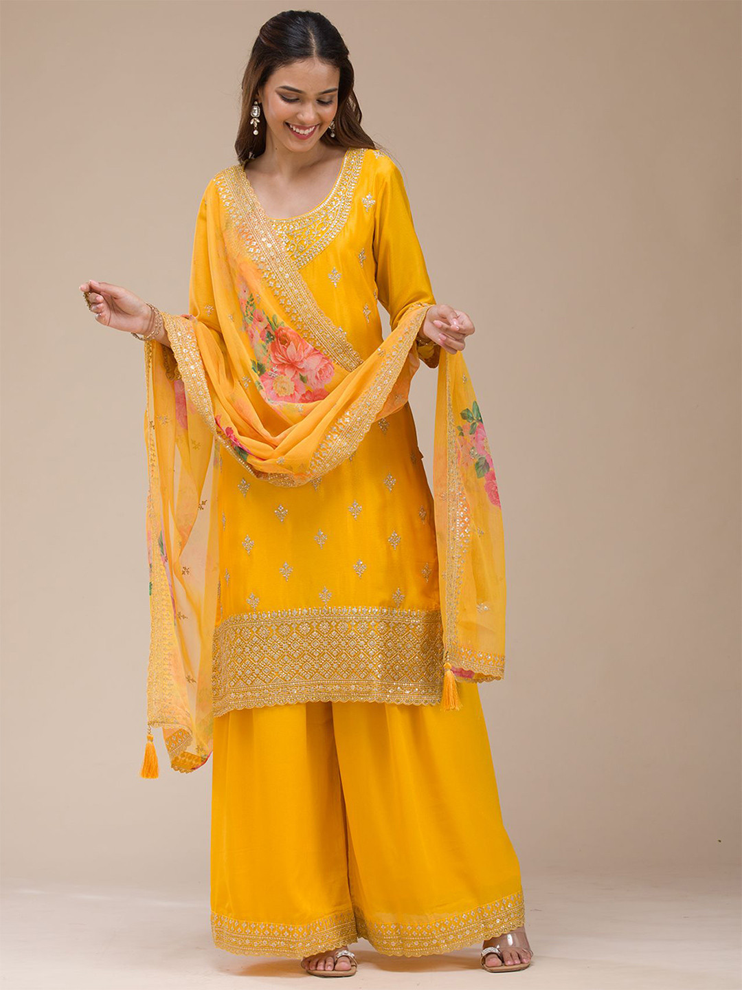 Koskii Women Floral Embroidered Sequinned Straight Kurta With Sharara & Dupatta