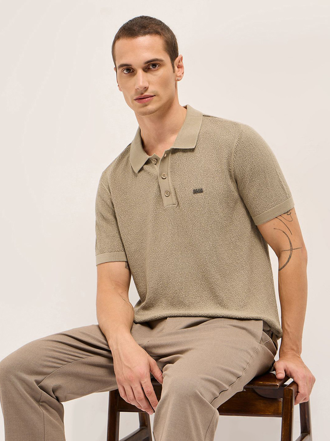 THE BEAR HOUSE Textured Polo Collar Flat Knit Pure Cotton T-Shirt