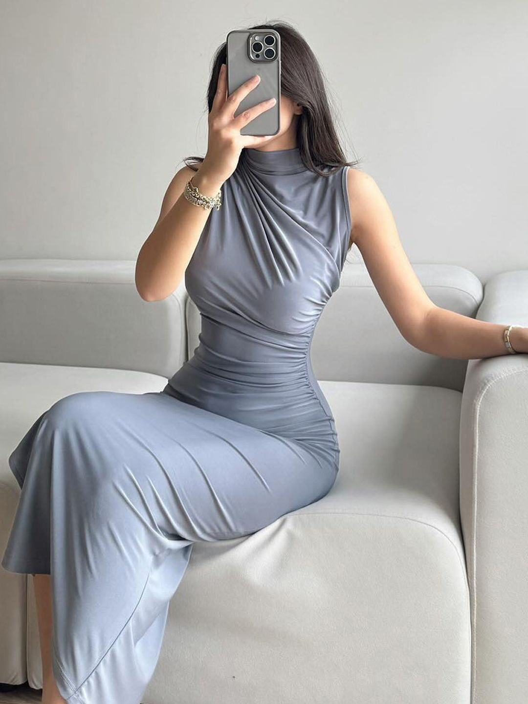 StyleCast Women High Neck Ruched Bodycon Maxi Dress