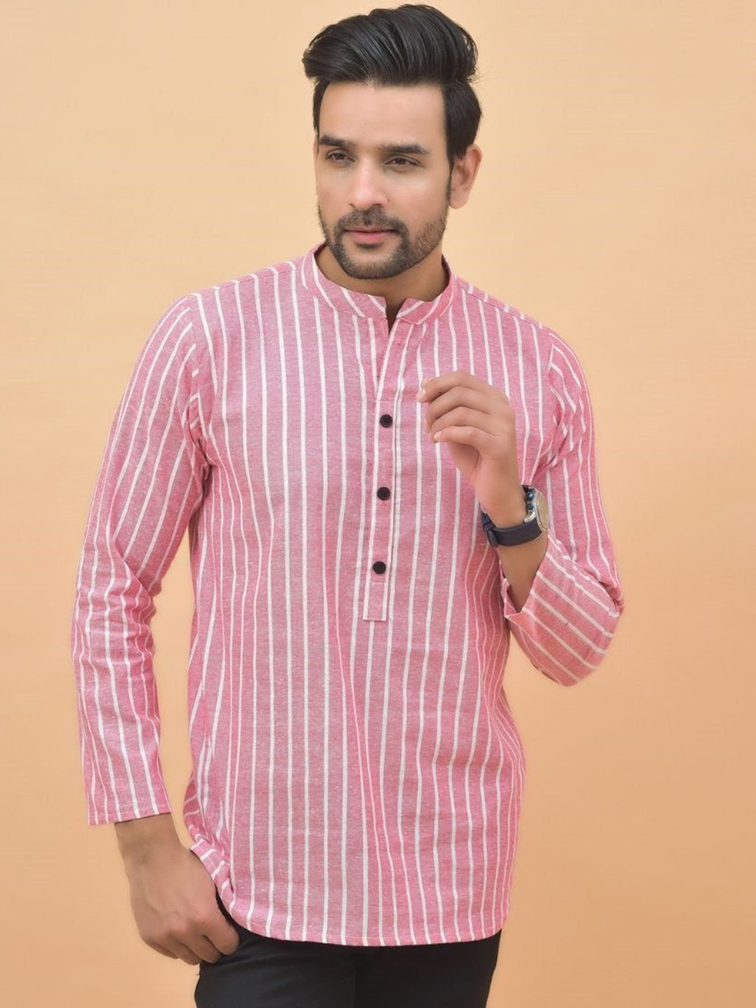Anouk Rustic Men Striped Regular Pure Cotton Short Kurta