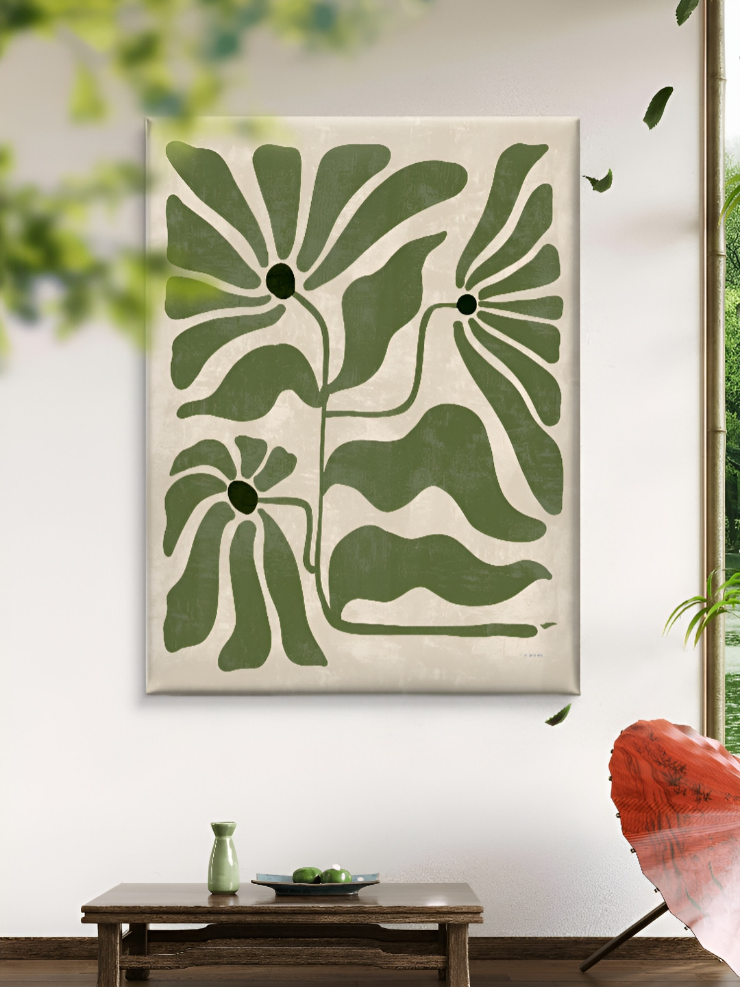 Livin'luxe Green & Off White Floral Printed Canvas Wall Art