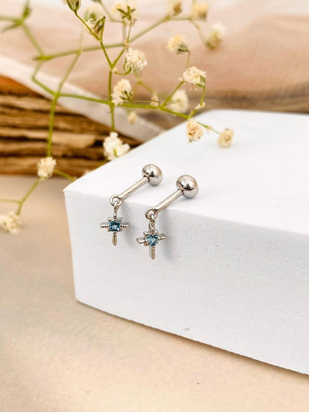Boldiful Sterling Silver Topaz Studded Quirky Shaped Drop Earrings
