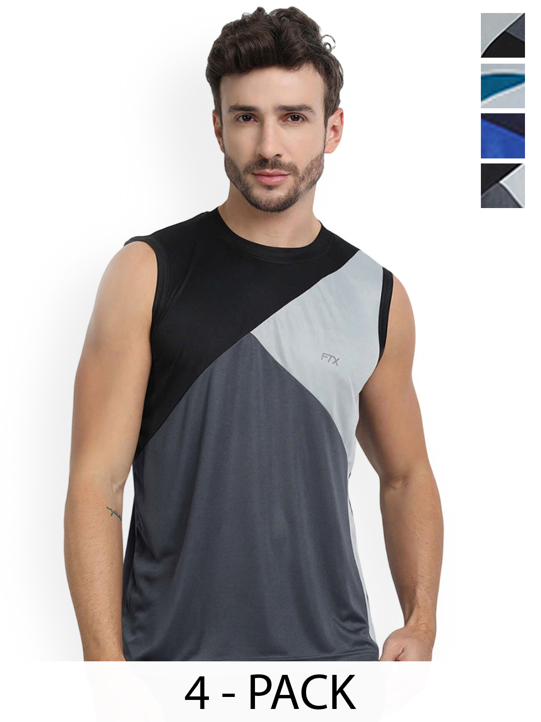 FTX Pack Of 4 Color Blocked Round Neck Gym Vests 709-9_709-11_709-12_709-16-S