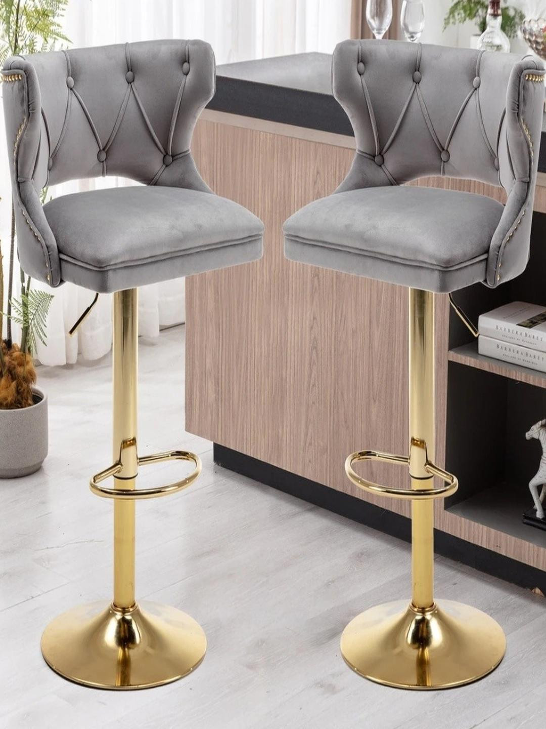 Doe Buck Velvet Tufted Bar Chairs with Golden Base