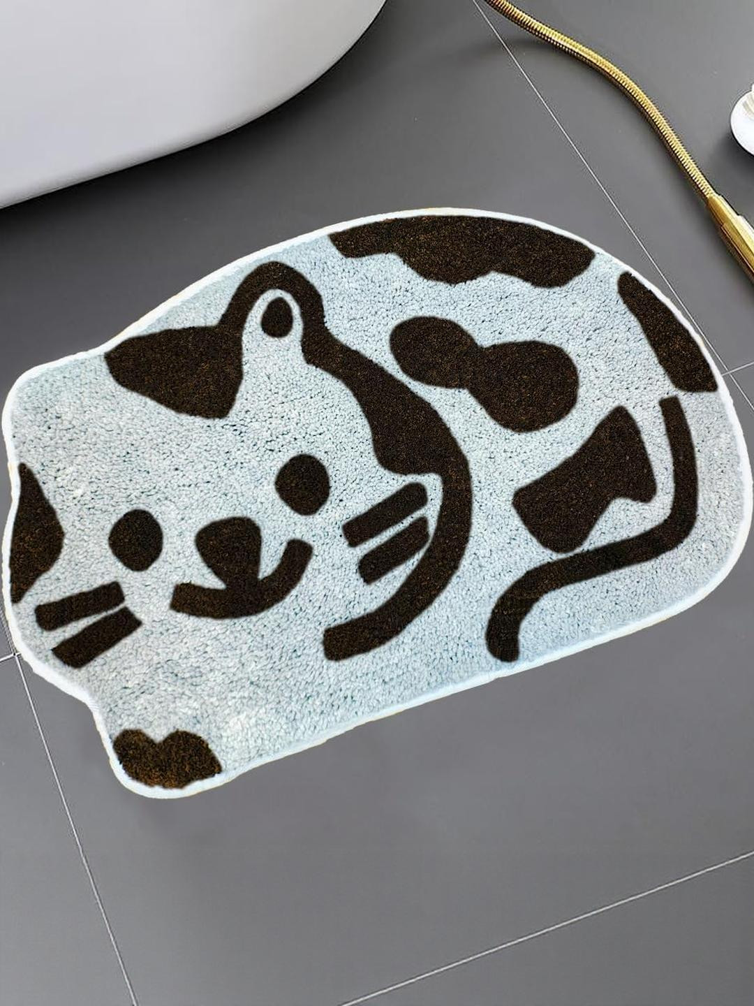 Elanza Pack Of 1 Black & Grey Cat Printed Anti-Skid Microfiber Bath Rugs