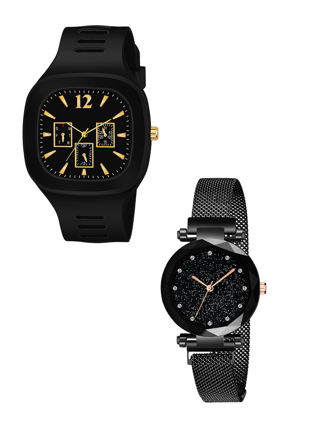 THE SHOPOHOLIC Unisex Pack Of 2 Embellished Dial Analogue Watch SQ-B-MAG-B