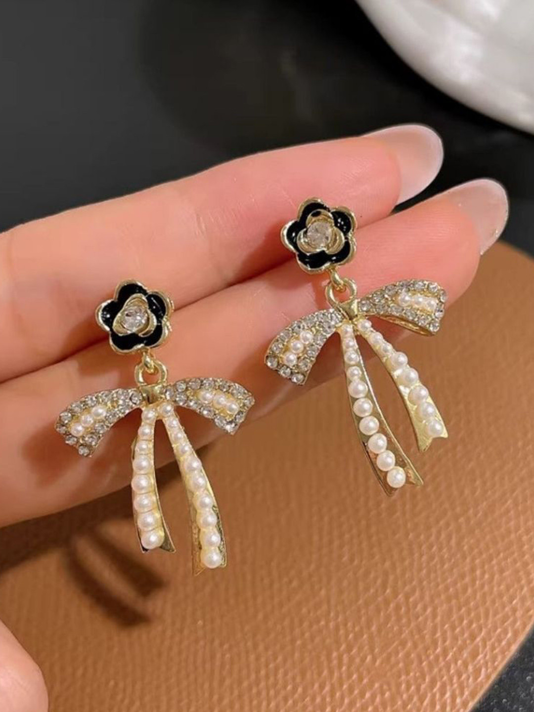 Mystic Collections Gold-Plated Zircon Studded Floral Bow Drop Earrings