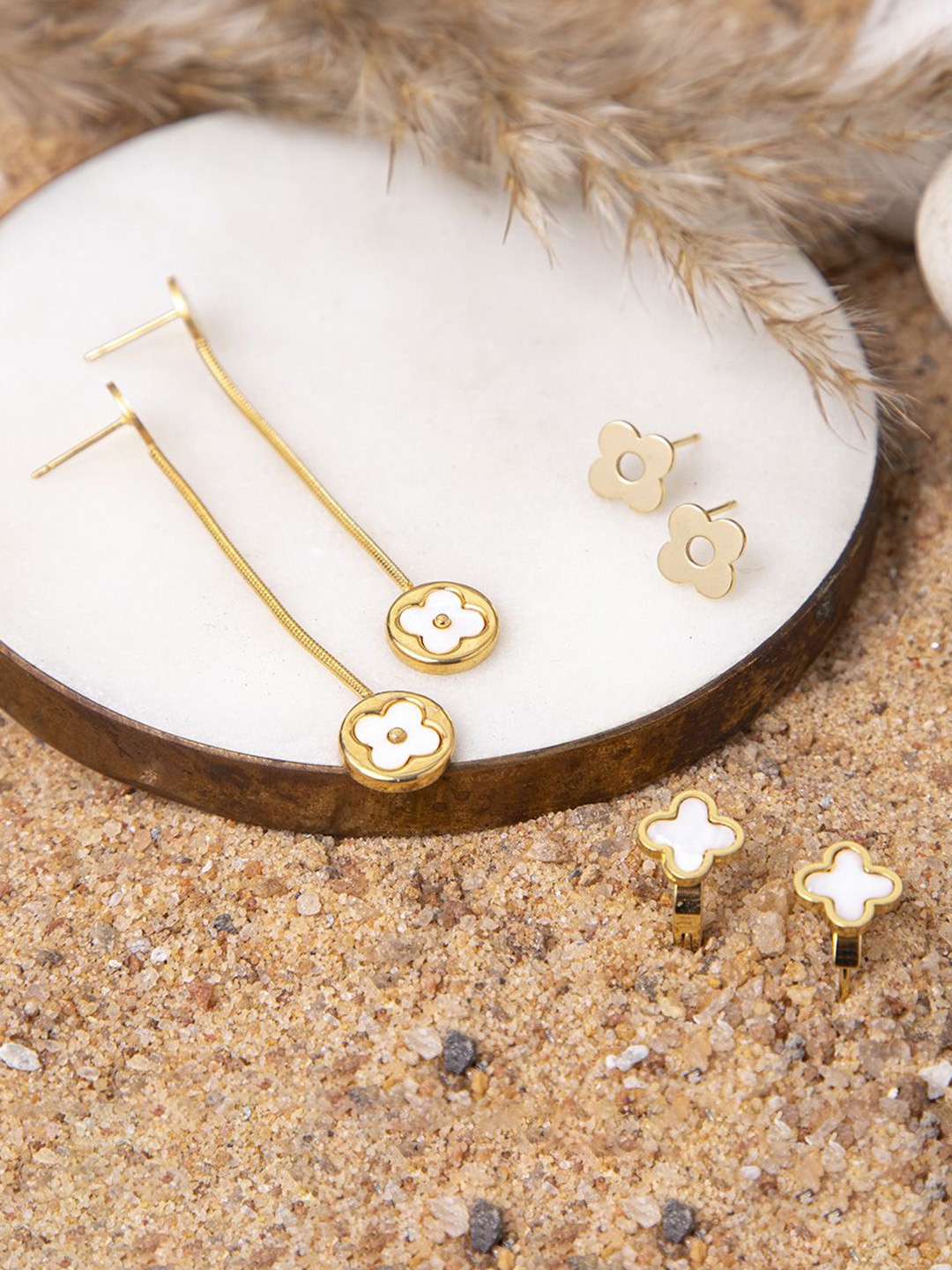 Maasha Set Of 3 Stainless Steel Clover Shaped Hoop Earrings