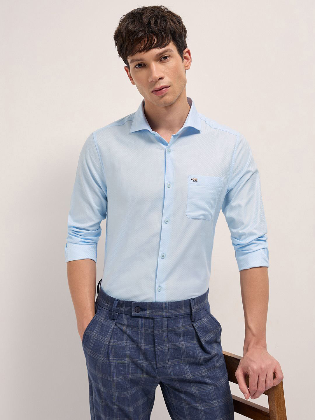 THE BEAR HOUSE Self Design Woven Design Tailored Fit Cotton Formal Shirt