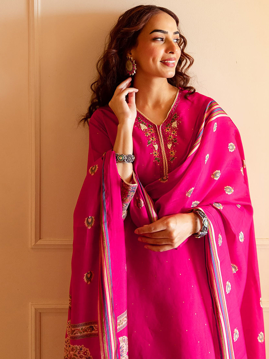 Sangria Floral Embroidered V-Neck Sequinned Straight Kurta With Palazzo And Dupatta