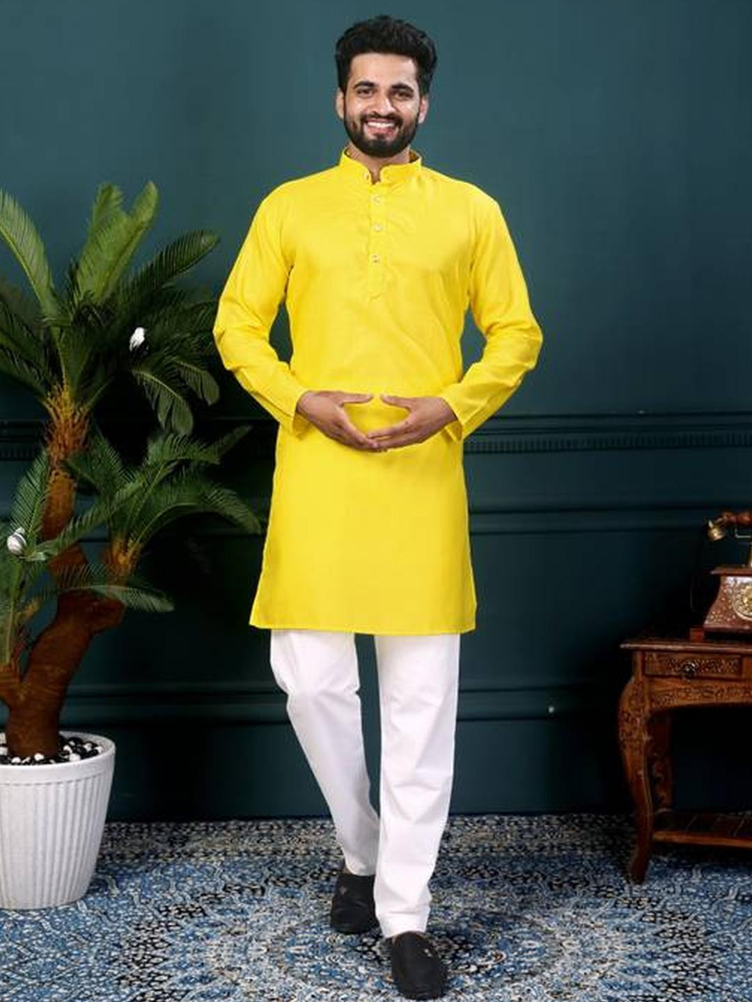 ORIFAB Men Yellow Kurtas