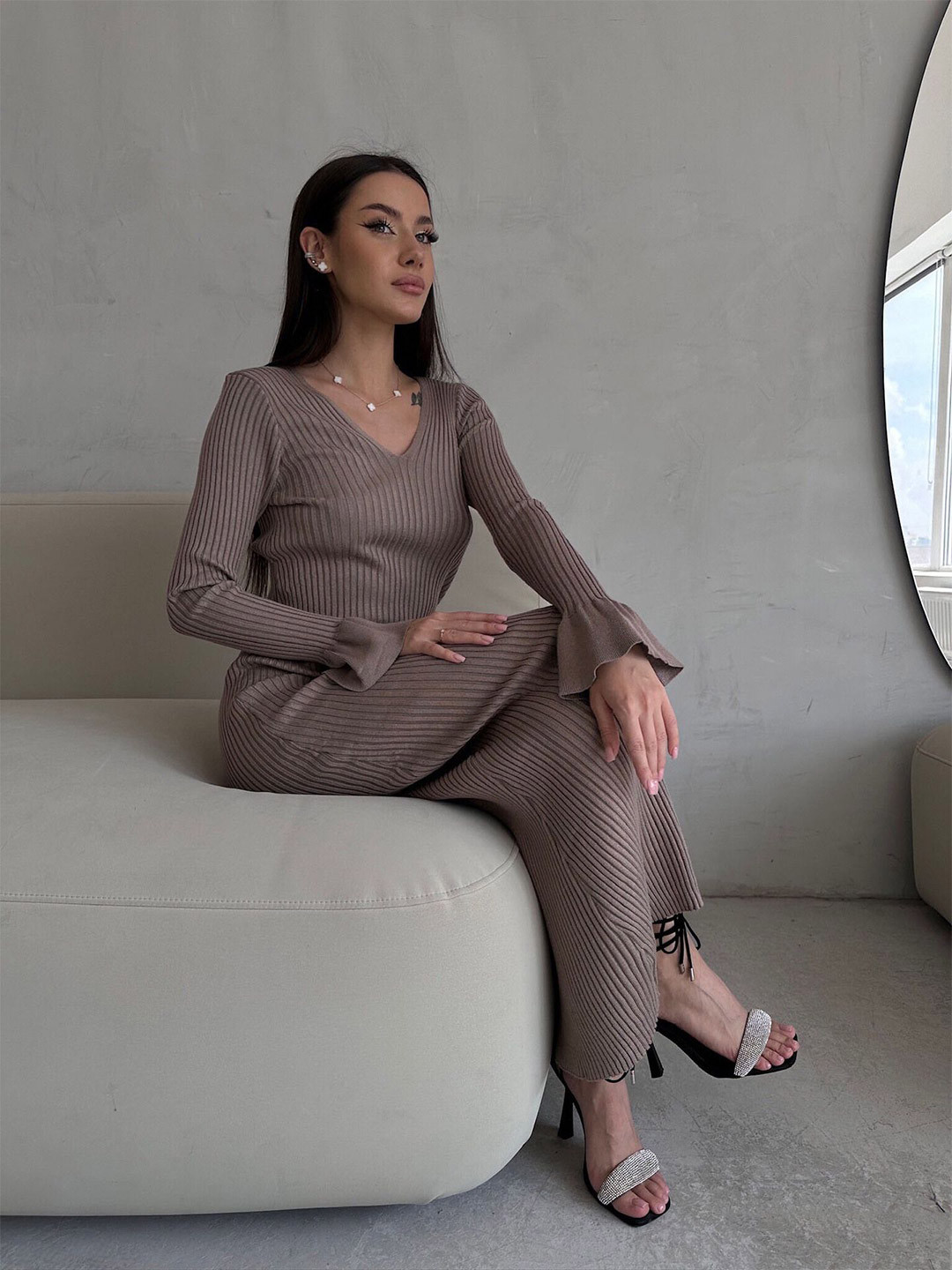 all about you Women V-Neck Ribbed Bell Sleeves Bodycon Maxi Dress