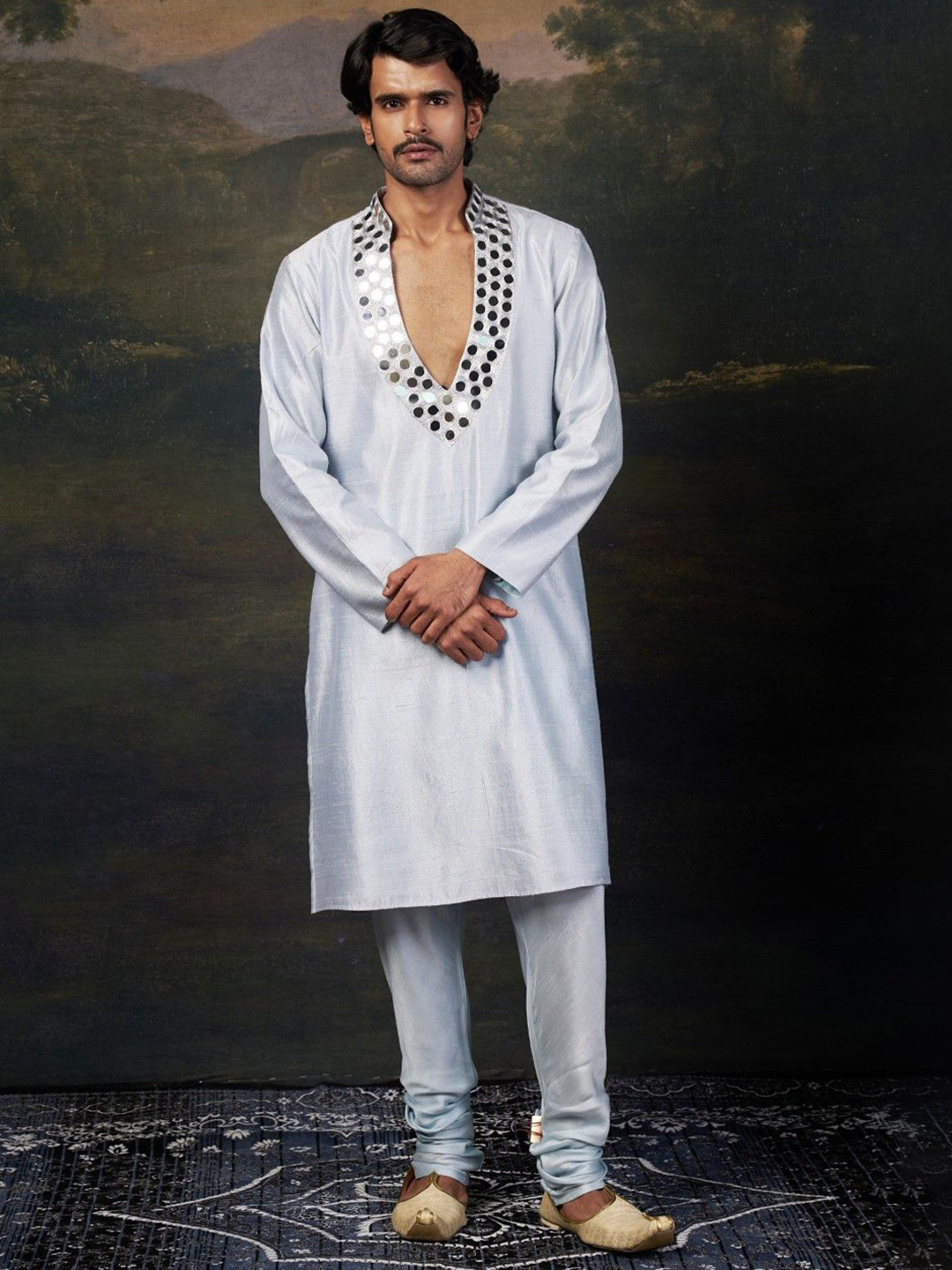 THETAA Yoke Design V-Neck Mirror Work Pure Silk Straight Kurta With Pyjamas