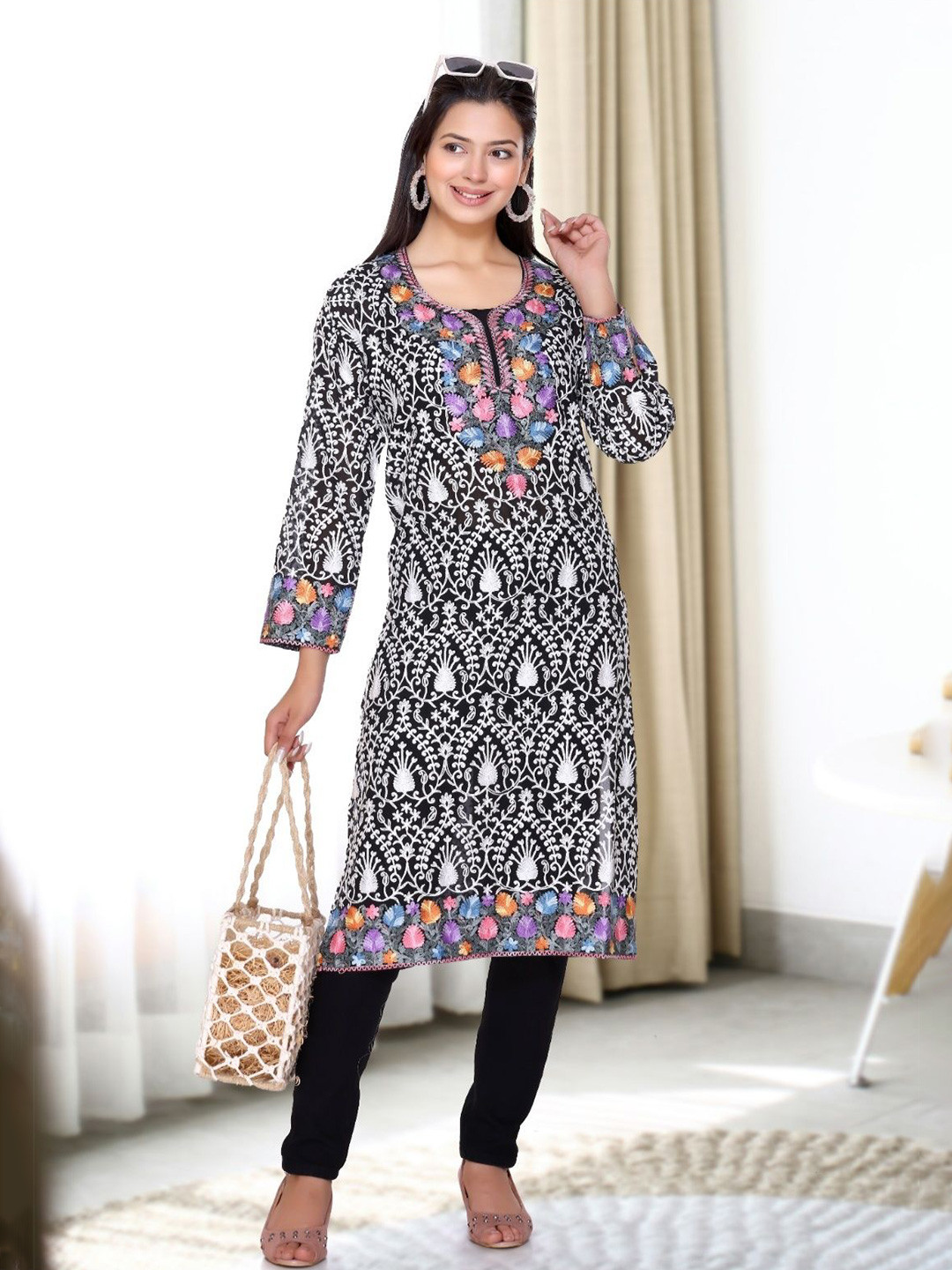 Sopeachy Ethnic Motifs Embroidered Round Neck Thread Work Georgette Kurta