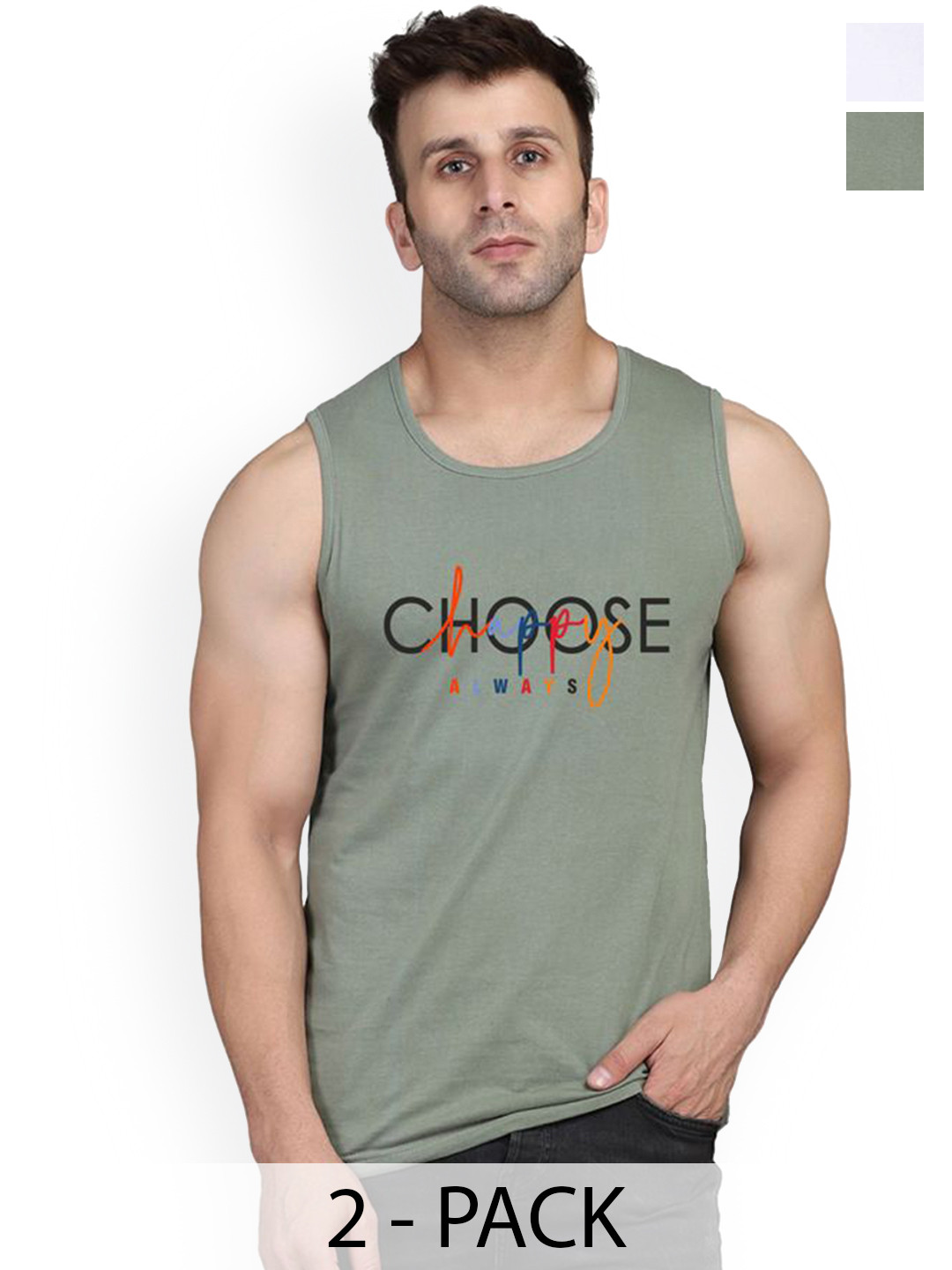 SLOWLORIS Pack Of 2 Printed Innerwear Vests VSL26 CMB(CHS LGTGREEN)(LOOK WHITE)