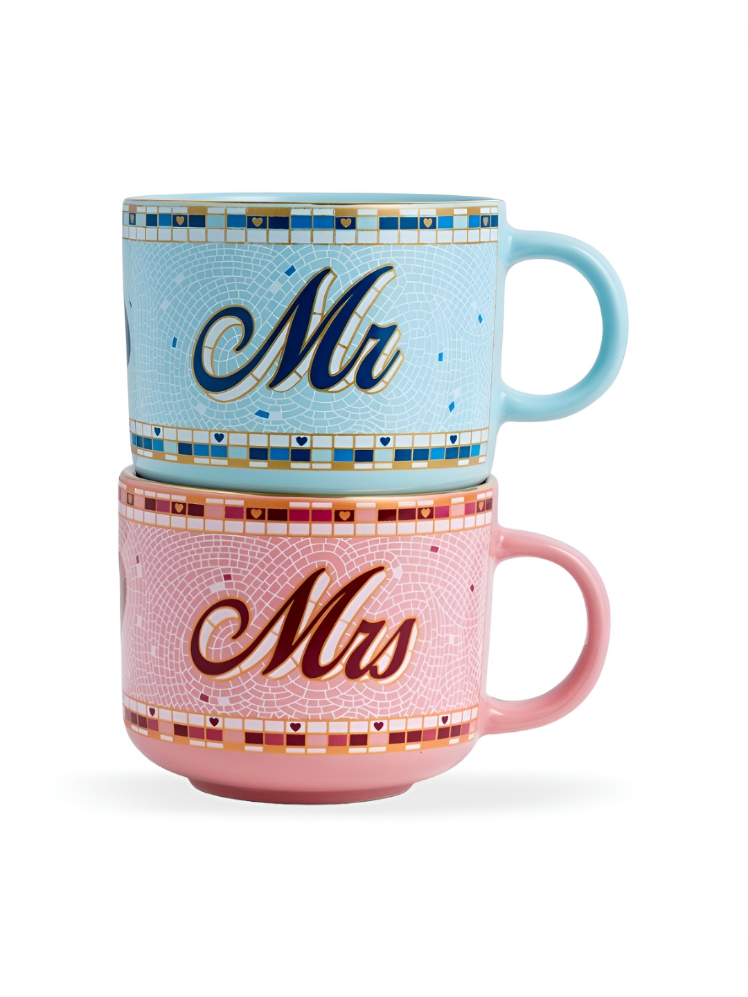 SHAY Blue & Pink 2 Pieces Mr & Mrs Printed Ceramic Glossy Mugs 350ml