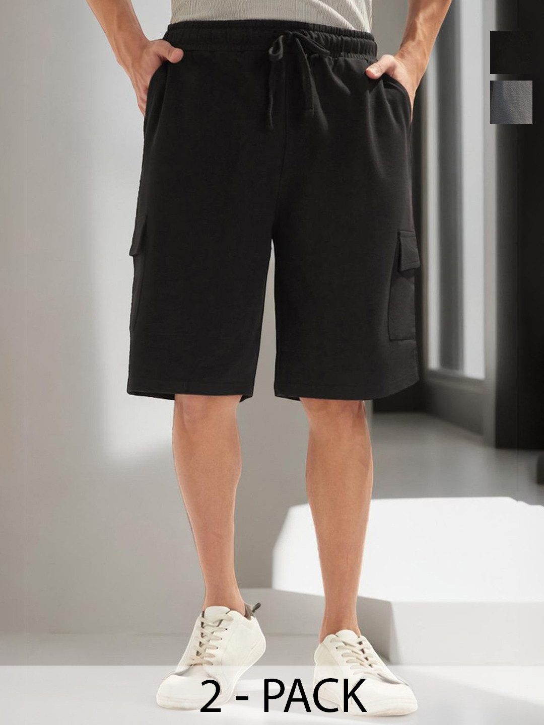 NOBERO Men Pack Of 2 Oversized  Cargo Shorts