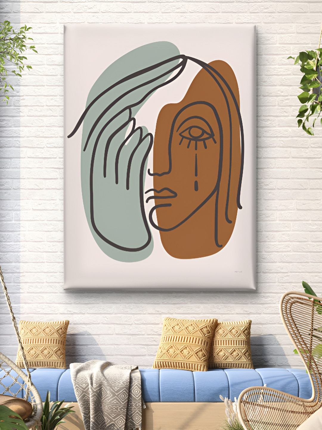 Livin'luxe Beige & Brown Abstract Line Face Canvas Wall Art
