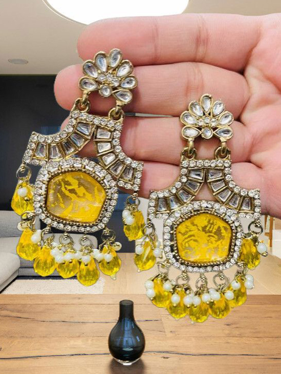 OPUS GEMS Artificial Stones Studded & Beaded Floral Shaped Drop Earrings