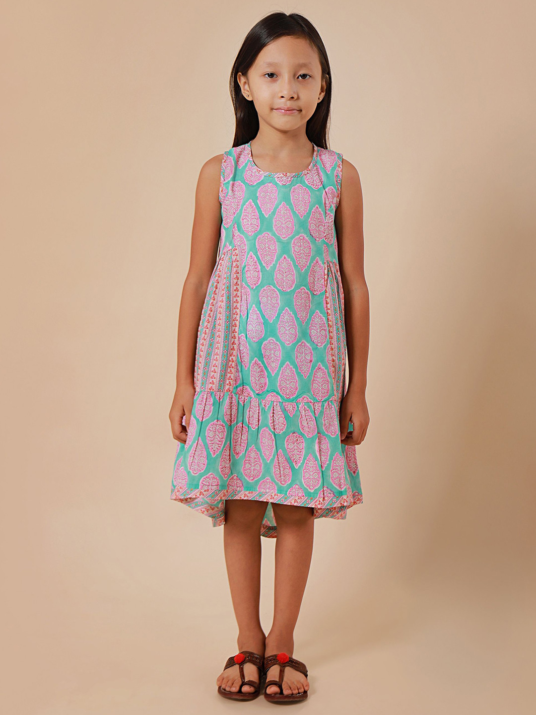 Sangria Girls Block Print High-Low Pure Cotton A-Line Midi Dress
