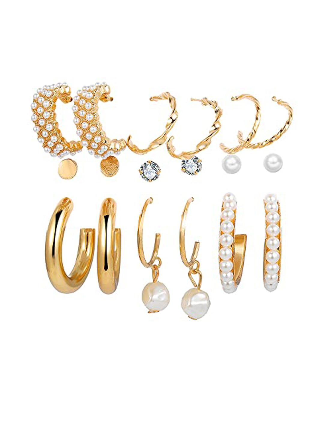 Inara Robes Set of 9 Brass Stunning Gold Plated Pearl Hoop Earring Set