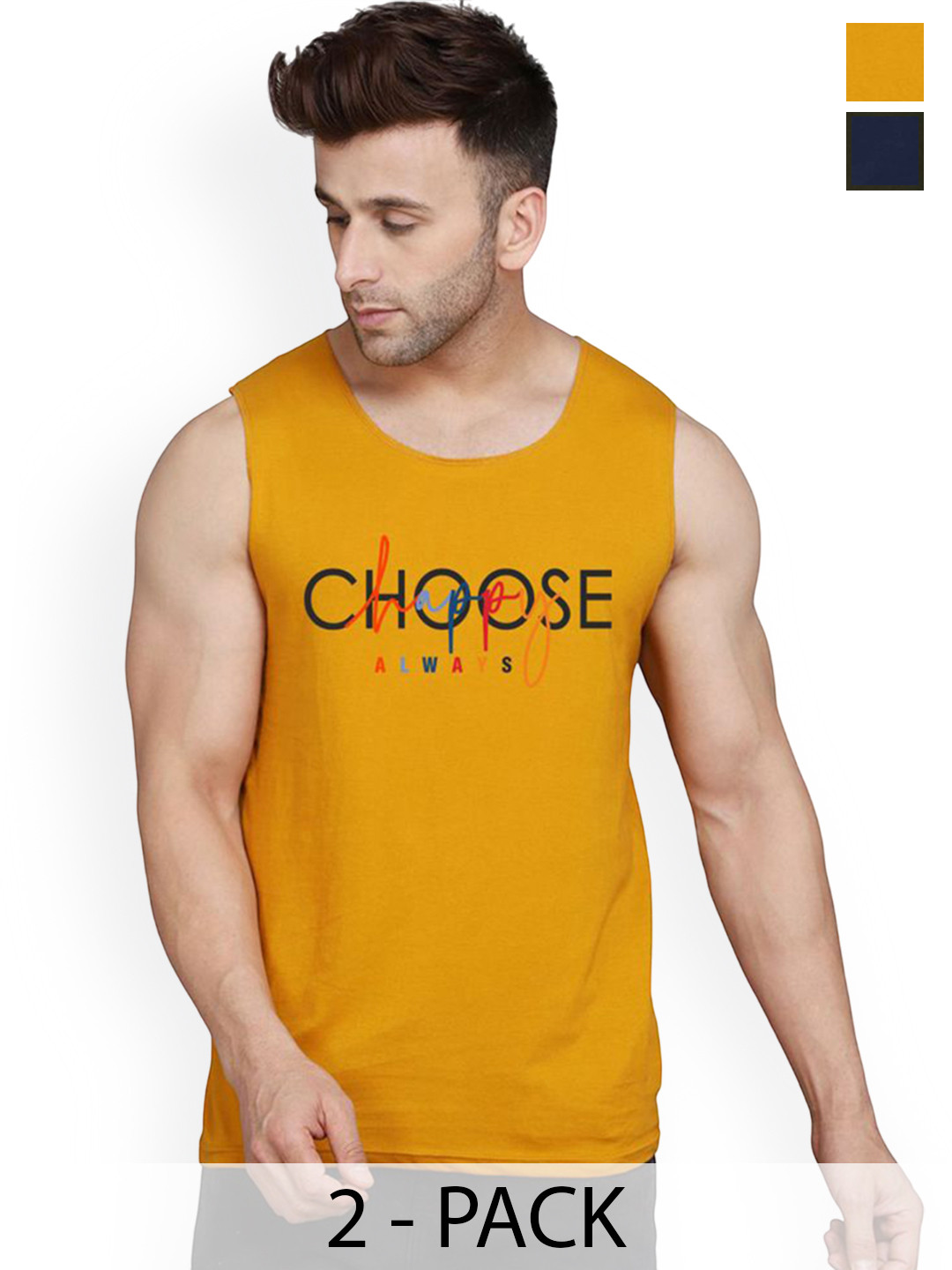 SLOWLORIS Pack Of 2 Printed Round Neck Gym Vests VSL26 CMB(CHS MUSTARD)(JUST NAVY)