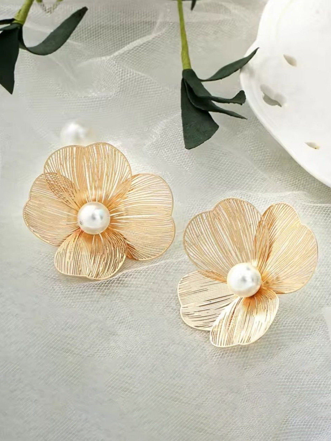 Mystic Collections Gold-Plated Pearls Beaded Floral Studs