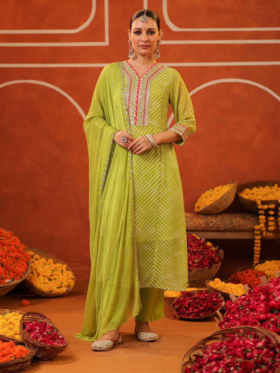 SCAKHI Women Lime Green Leheriya Georgette Embroidered Anarkali Suit Set