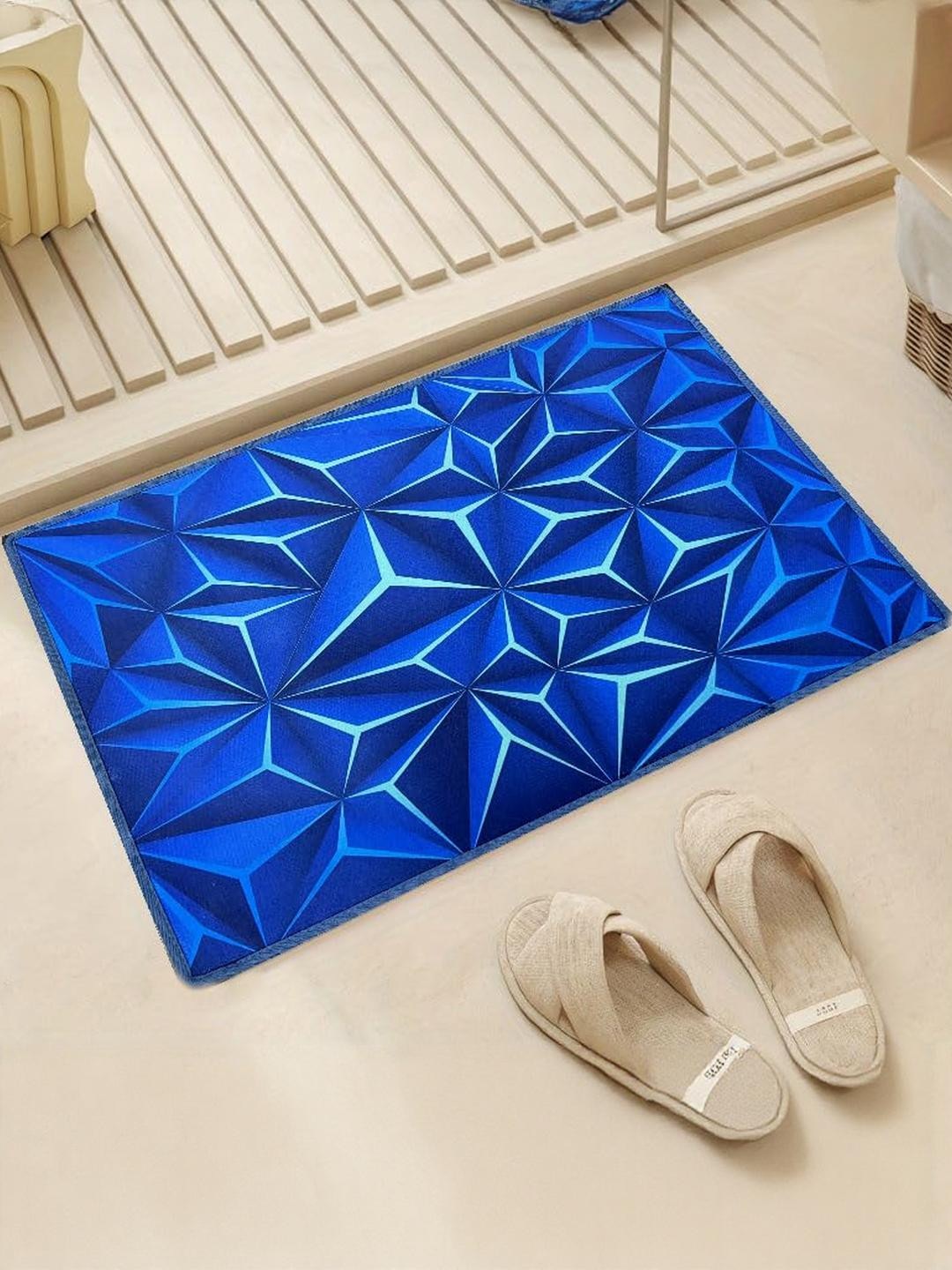 Elanza Pack Of 1 Blue Geometric Printed Anti-Skid Microfiber Bath Rugs