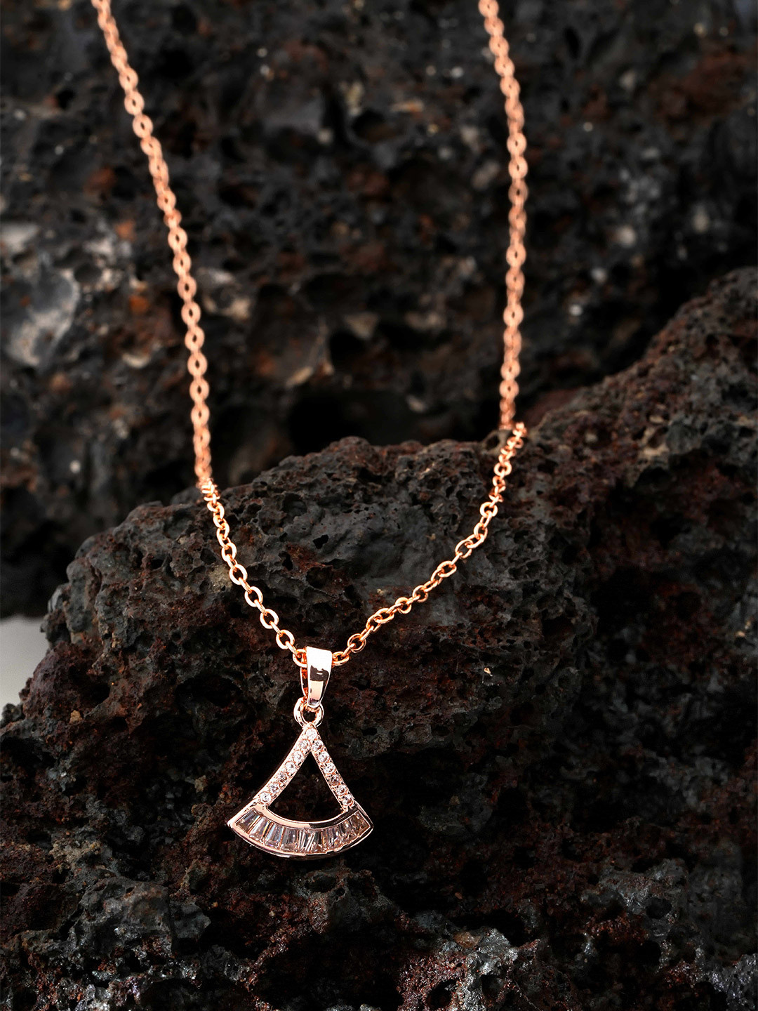 STYOLLO Rose Gold-Plated American Diamond Studded Triangular Shaped Pendant With Chain