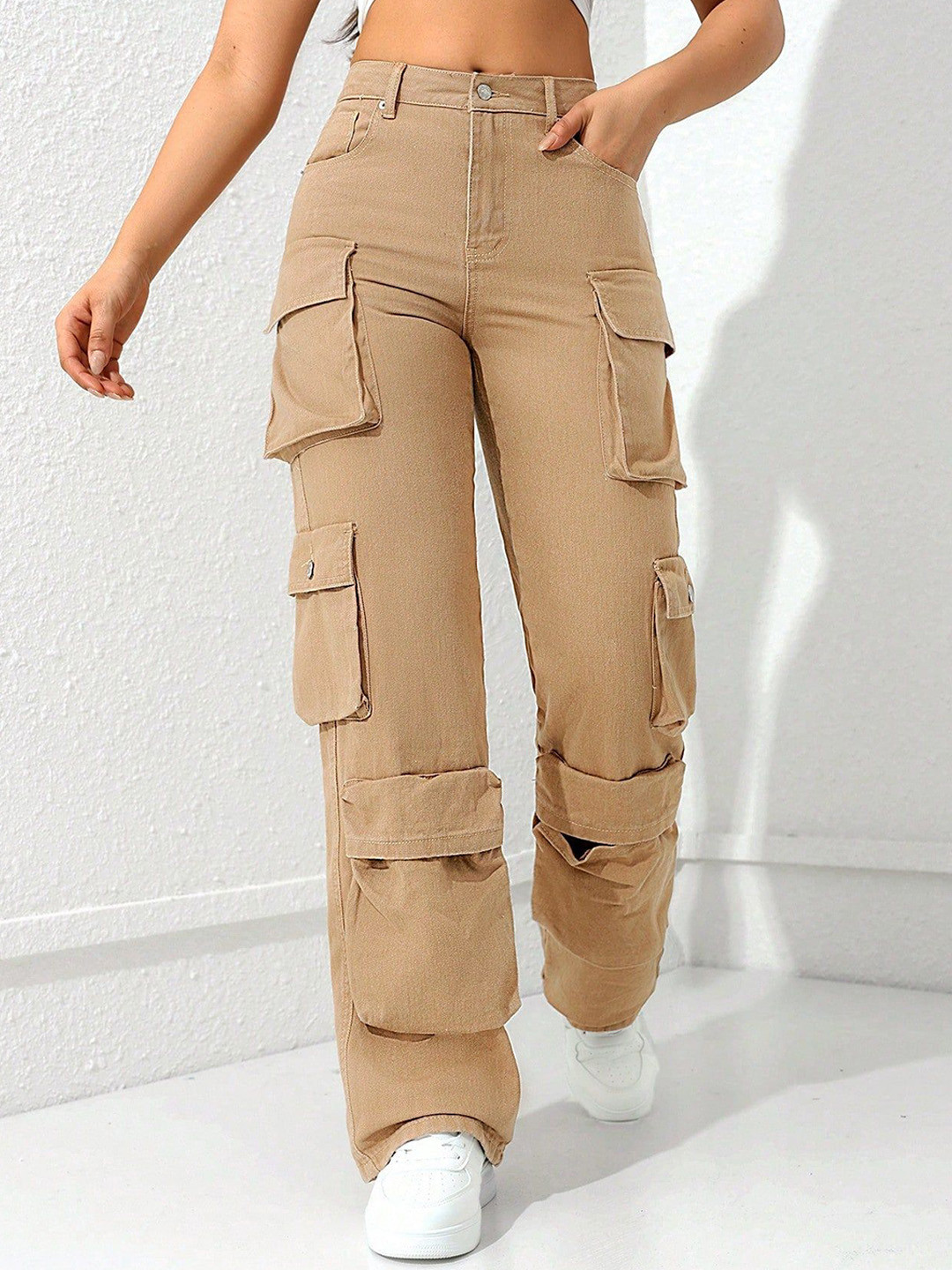 Outzidr Women Straight Fit Mid-Rise Utilitarian Denims Jeans