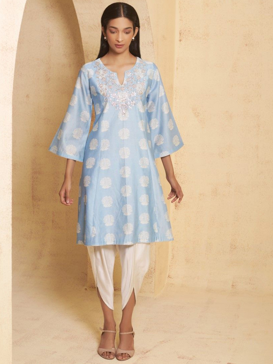 THETAA Women Ethnic Motifs Embroidered Silk A-Line Fusion Kurta with Dhoti Pants