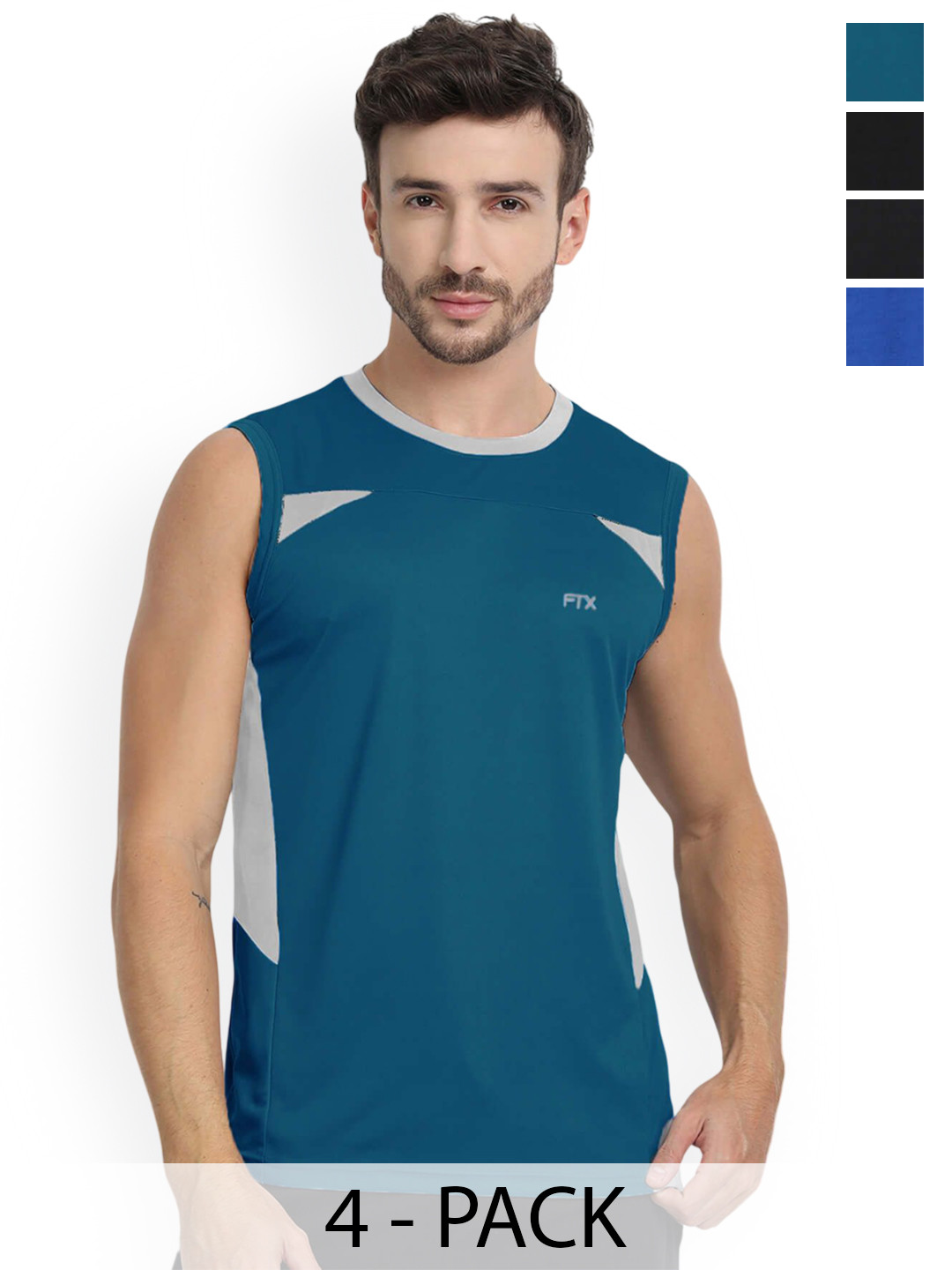 FTX Pack Of 4 Color Blocked Round Neck Gym Vests 709-2_709-6_709-9_709-15-S