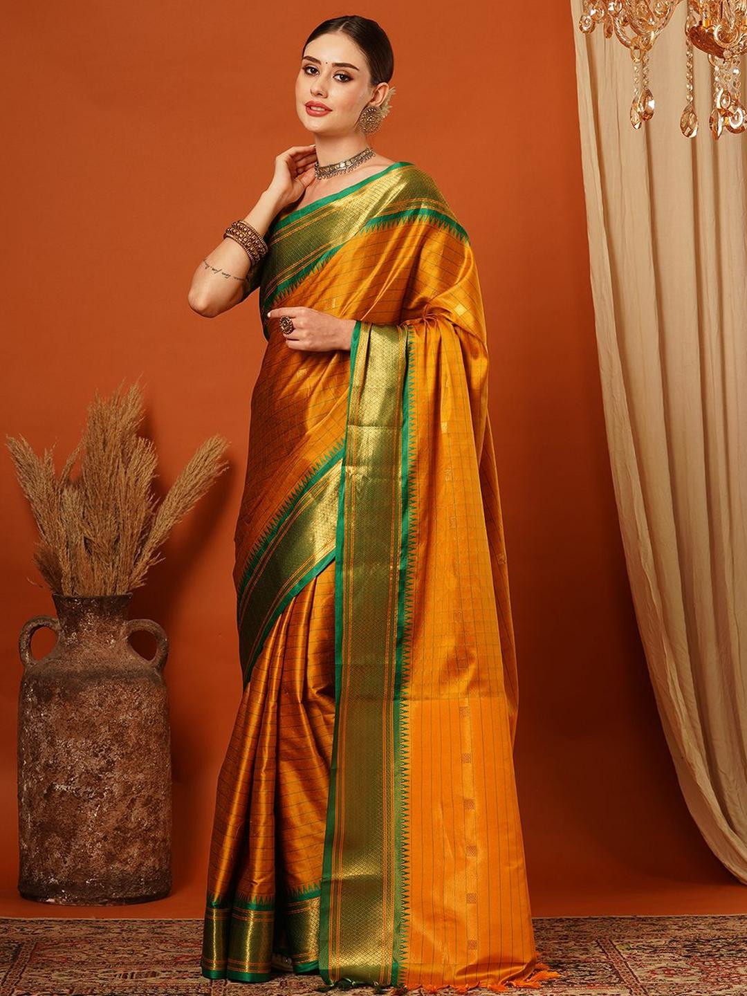 SILKWEAR Woven Design Checked Print Zari Paithani Saree