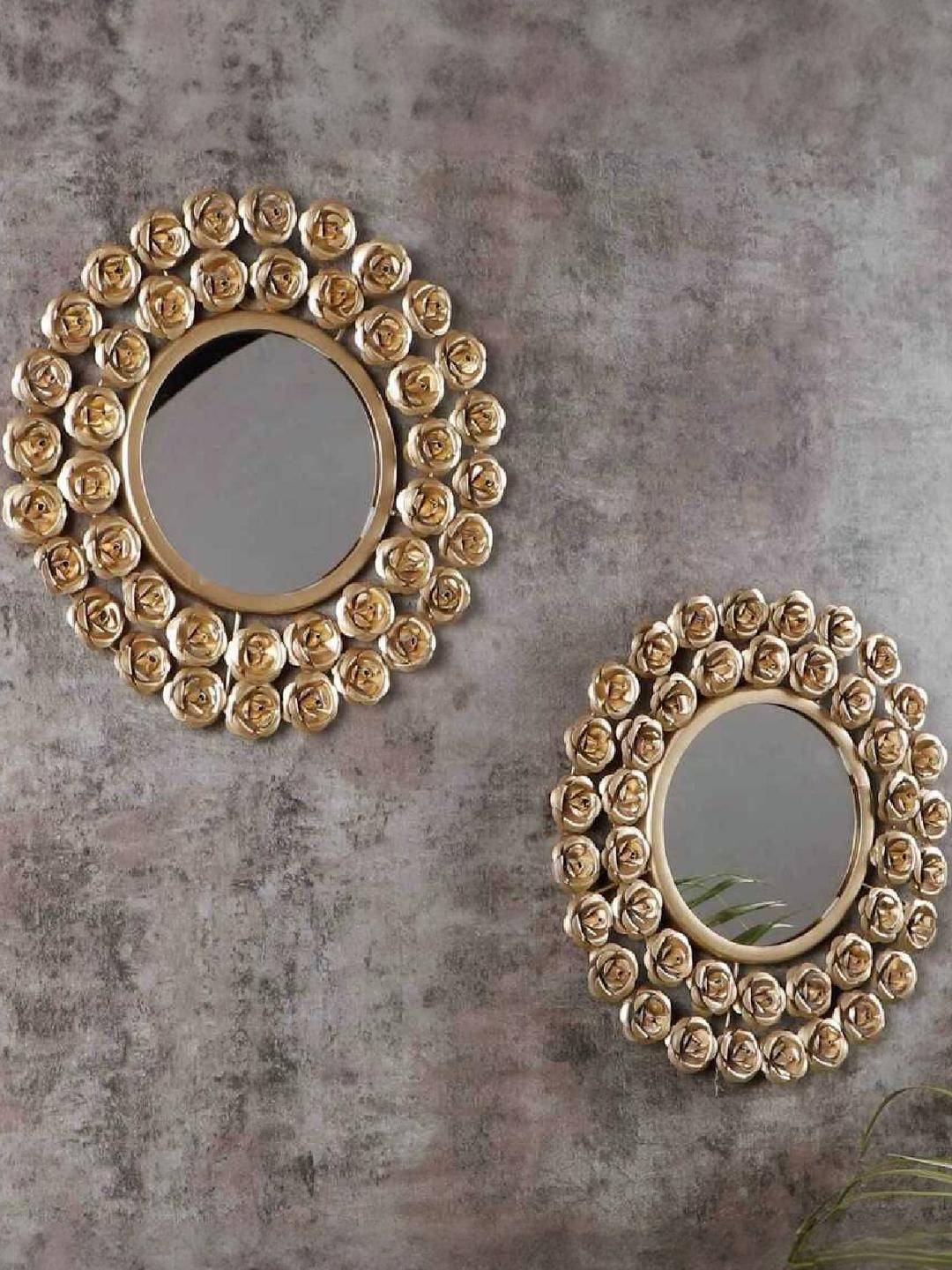 Urban Hamlet Antique Finish Golden Floral Wall Mirror Duo