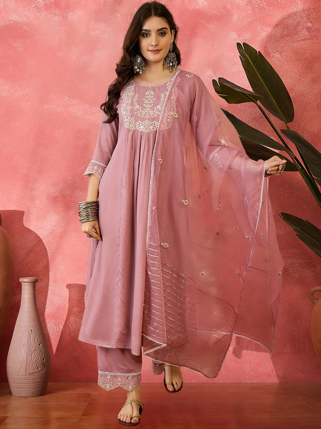 Sangria Zari Sequence Embroidered Straight Kurta & Trousers With Dupatta