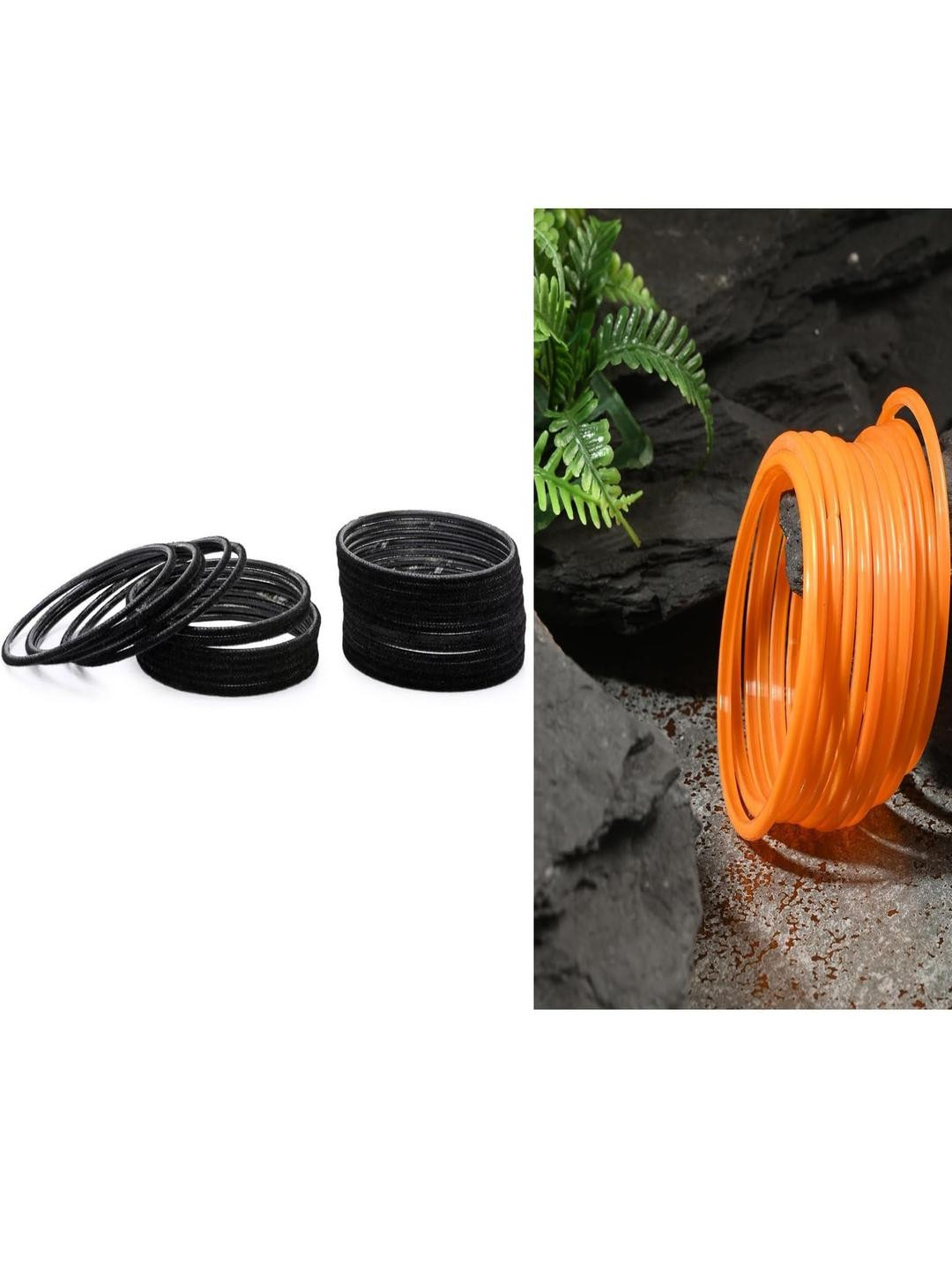 Somil Classic Combo Glass Bangles | Simple Chudi Set For Women & Girls | Daily Use & Special Occasions, Combo Of 2 Set, Black, Orange