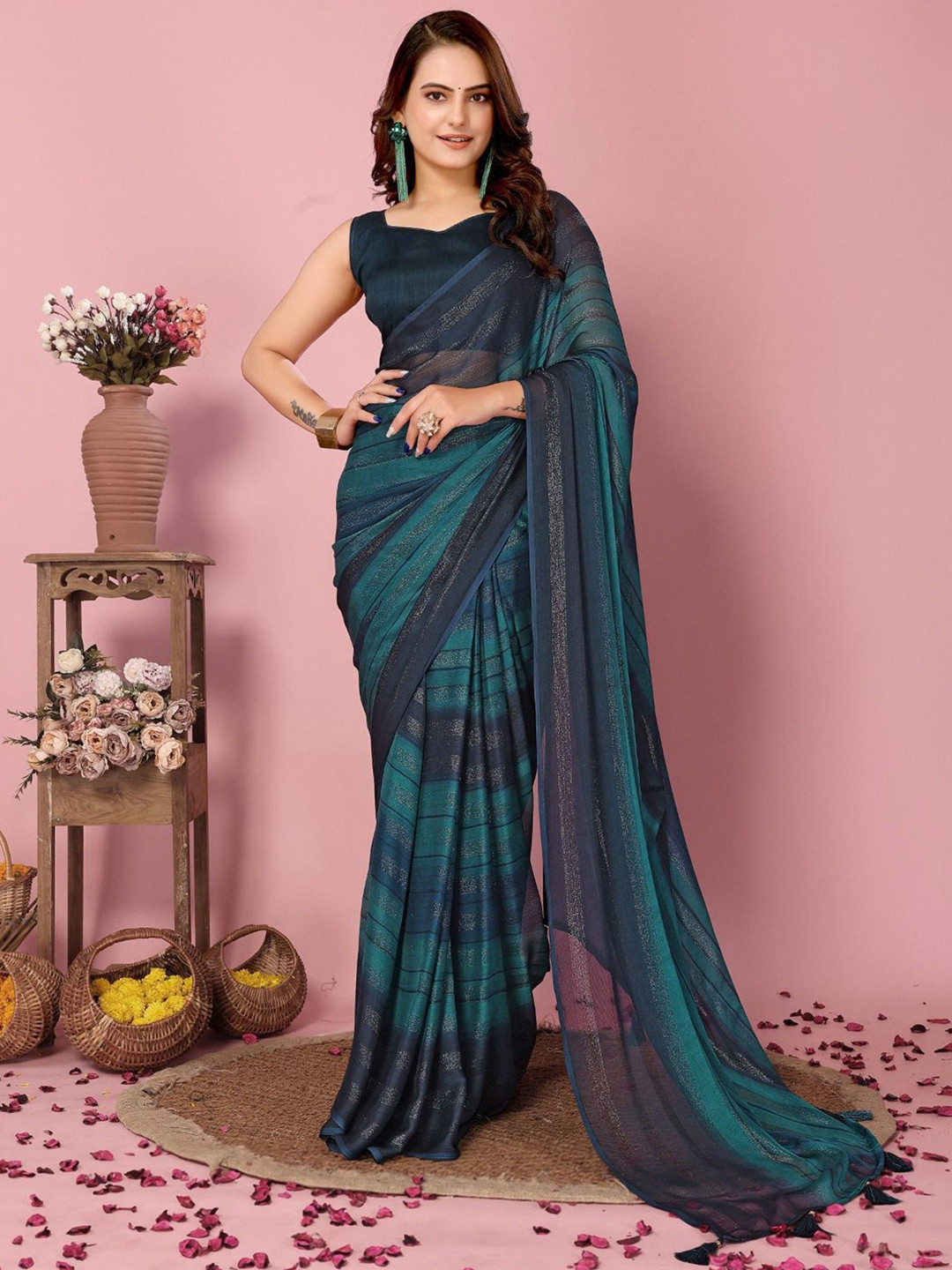 KALINI Striped Sequence Line Ready To Wear Saree