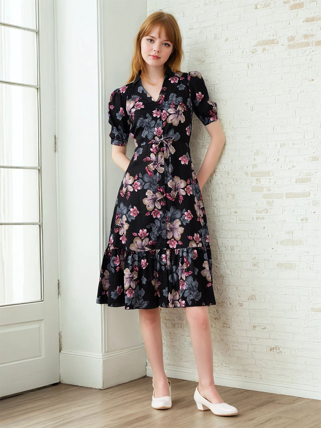 Moda Rapido Women Floral Printed Shirt Collar Drop-Waist Dress