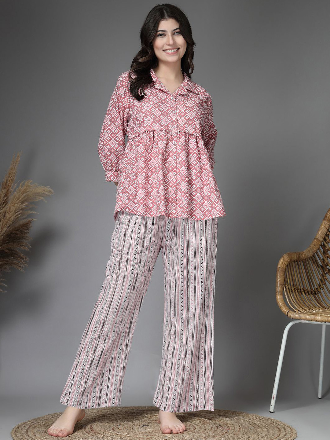 ETC Women Geometric Printed Cotton Lapel Collar 2 Pcs Night Suit