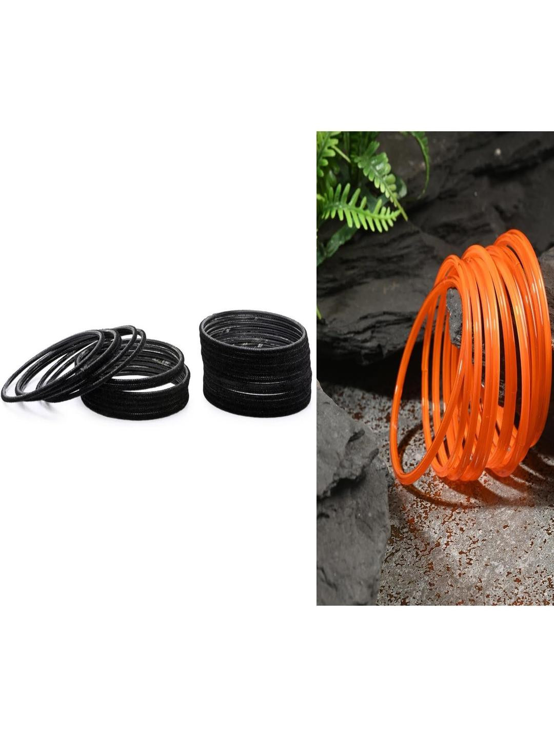 Somil Classic Combo Glass Bangles | Simple Chudi Set For Women & Girls | Daily Use & Special Occasions, Combo Of 2 Set, Black, Orange