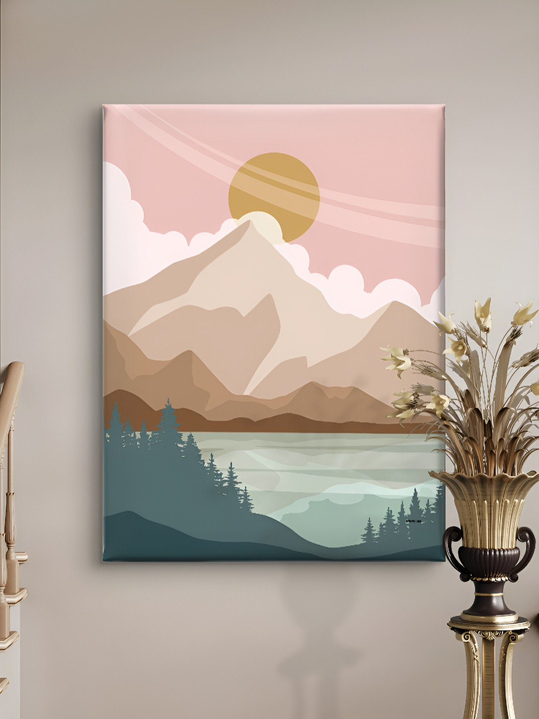 Livin'luxe Pink & White Pastel Mountain & Lake Printed Canvas Wall Art
