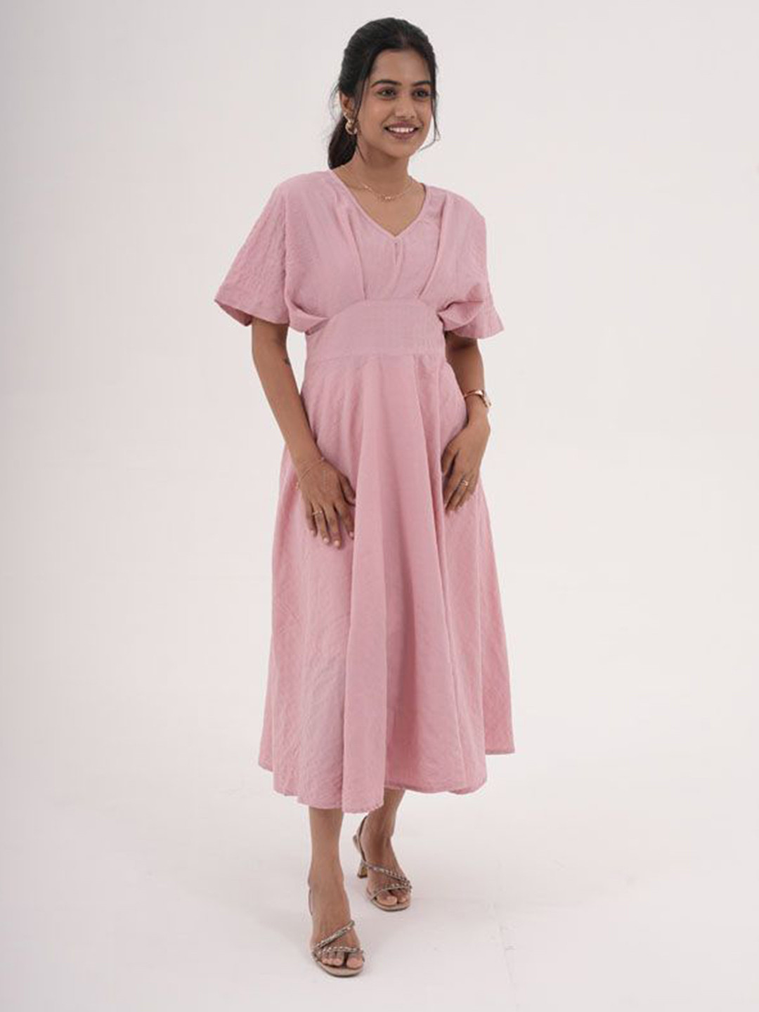 Eilaa Women V-Neck Flared Sleeves Empire Midi Dress