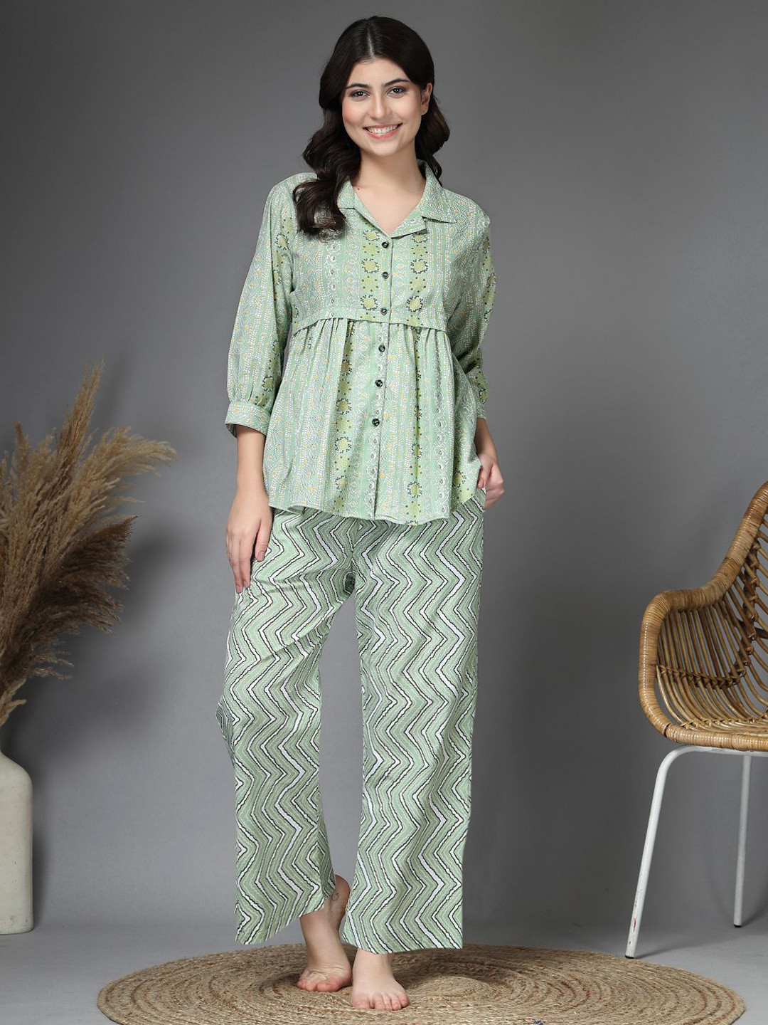 ETC Women Ethnic Motifs Printed Lapel Collar Printed Shirt & Pyjamas Night suit